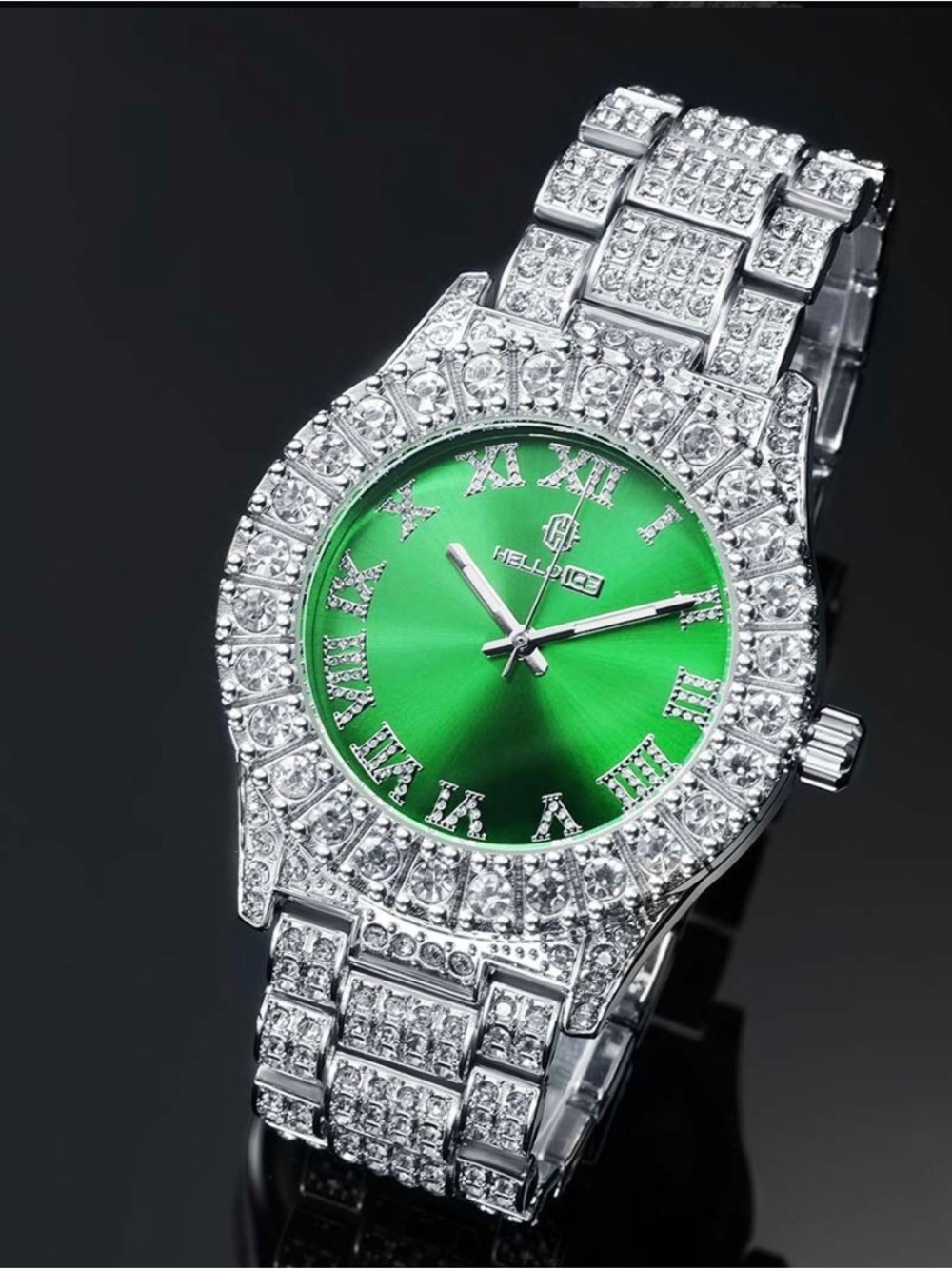 Helloice Iced Roman Numerals Green Dial Men’s Watch in White Gold